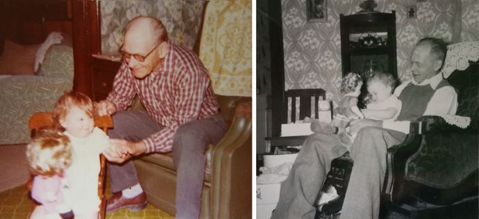 These photos are near carbon copies taken 23 years apart. On the right is my great grandpa in a chair holding his granddaughter (my mom) on his lap, looking on while she holds her doll. On the left is my great grandpa in a similar chair, looking on while his great granddaughter (me) holds her doll. I love these photos beyond words.